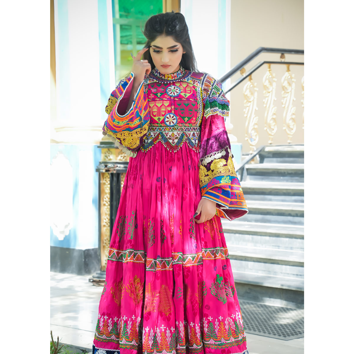 Velvet Kuchi Embroidered Dress | Pink Balloon Sleeves Traditional Afghan Dress