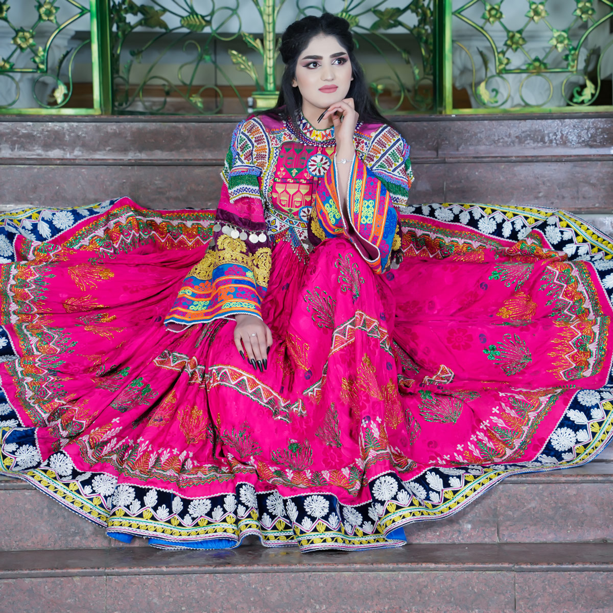 Velvet Kuchi Embroidered Dress | Pink Balloon Sleeves Traditional Afghan Dress