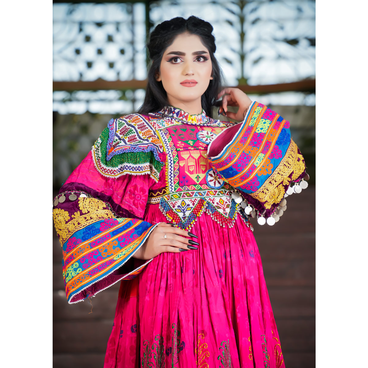 Velvet Kuchi Embroidered Dress | Pink Balloon Sleeves Traditional Afghan Dress