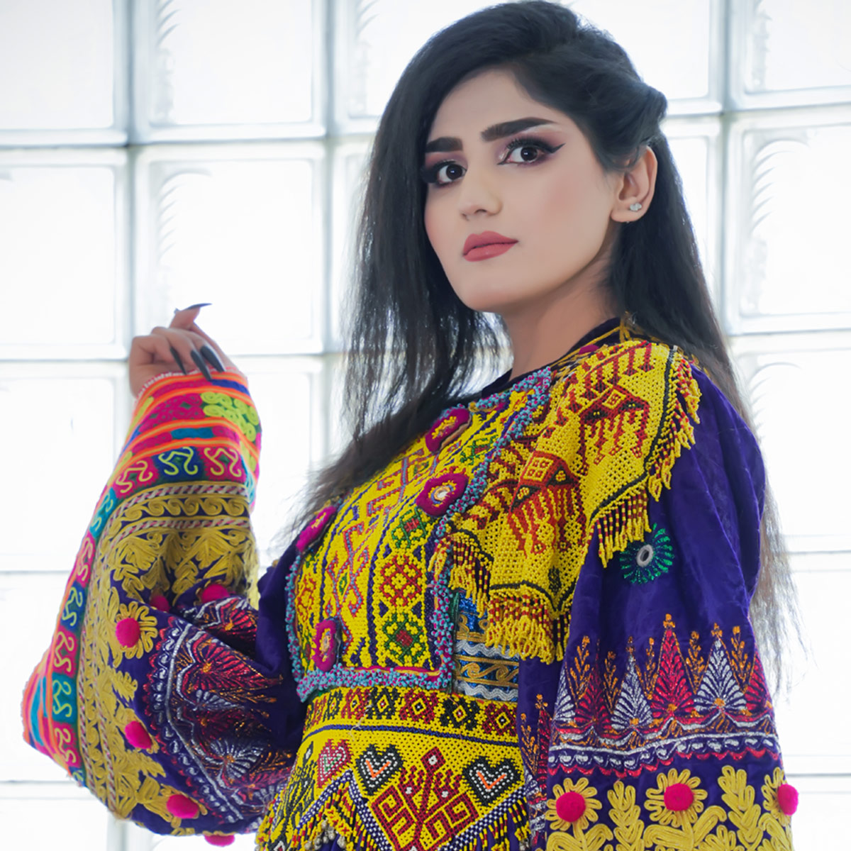 Blue Kuchi Embroidered Afghani Dress | Velvet Balloon Sleeves Pleated Party Wear Frock