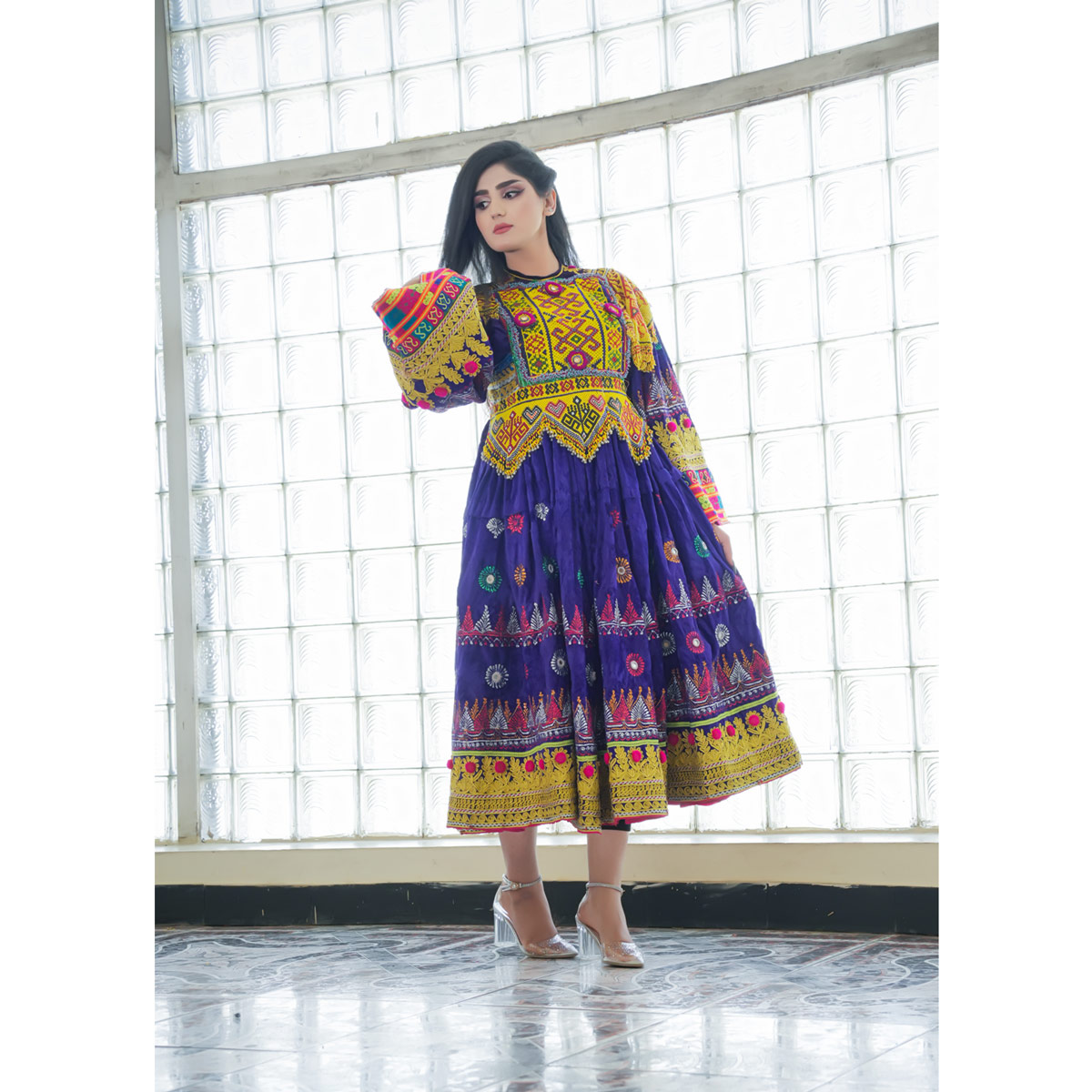 Blue Kuchi Embroidered Afghani Dress | Velvet Balloon Sleeves Pleated Party Wear Frock