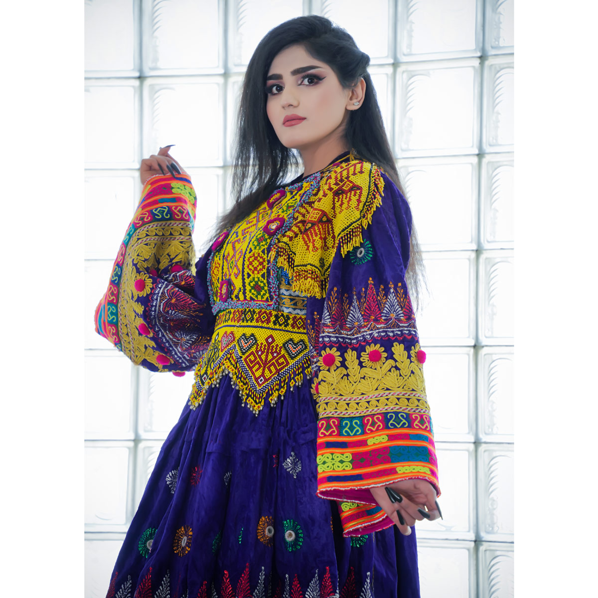 Blue Kuchi Embroidered Afghani Dress | Velvet Balloon Sleeves Pleated Party Wear Frock