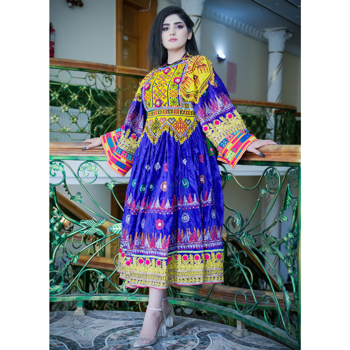 Blue Kuchi Embroidered Afghani Dress | Velvet Balloon Sleeves Pleated Party Wear Frock