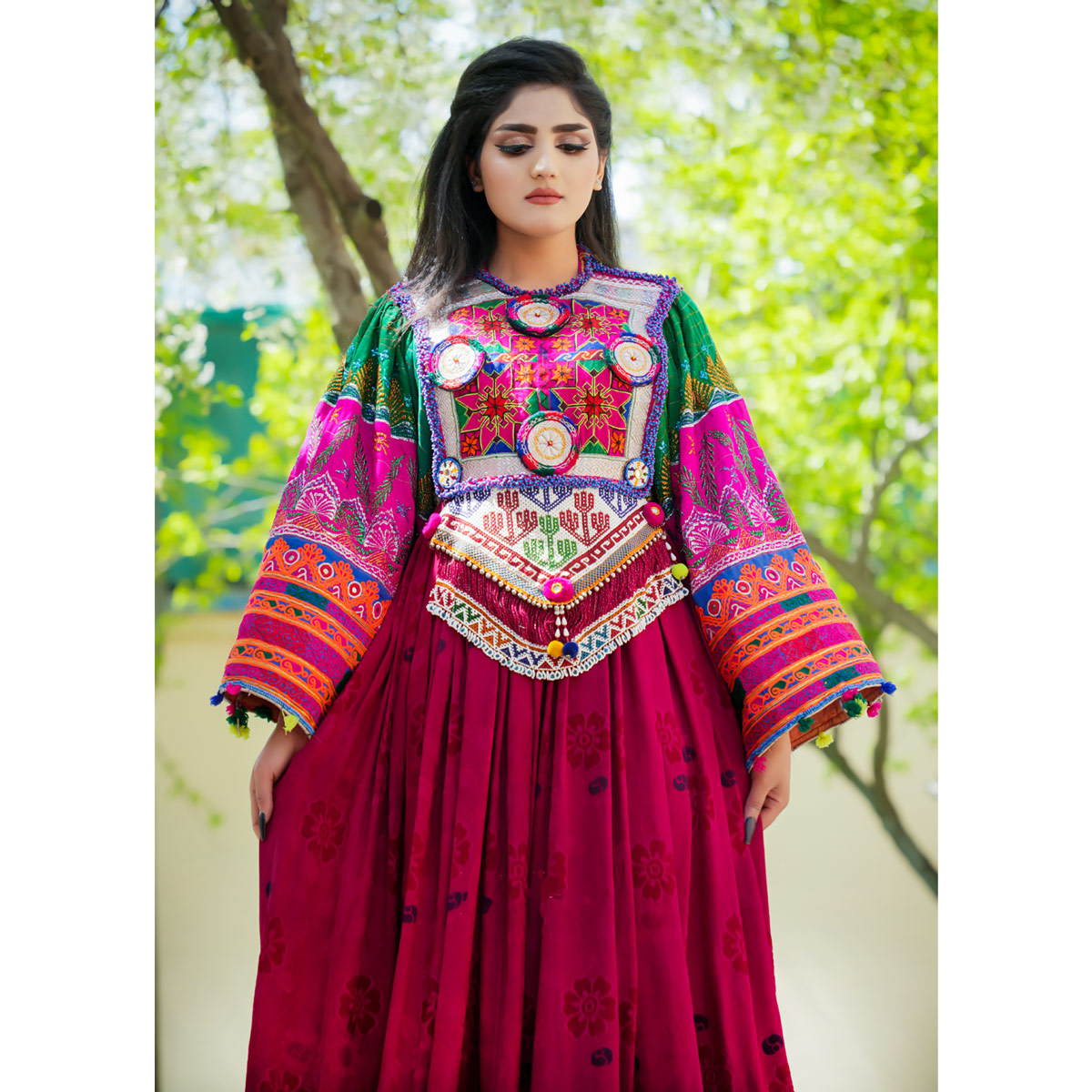 Red Kuchi Embroidered Afghani Long Dress | Velvet Floral Stitched Party Wear Dress
