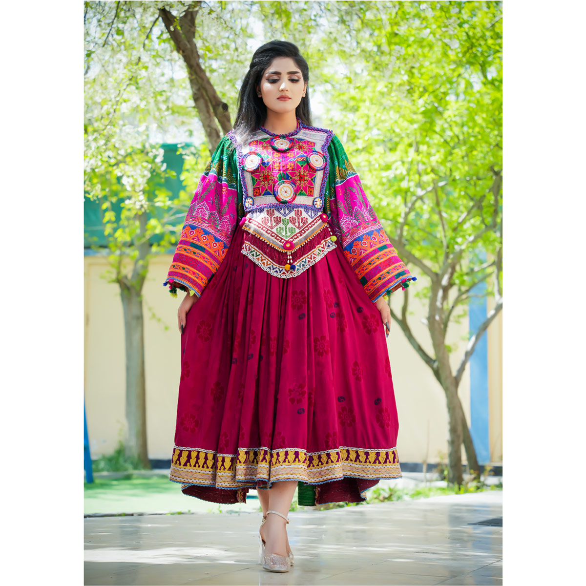 Red Kuchi Embroidered Afghani Long Dress | Velvet Floral Stitched Party Wear Dress