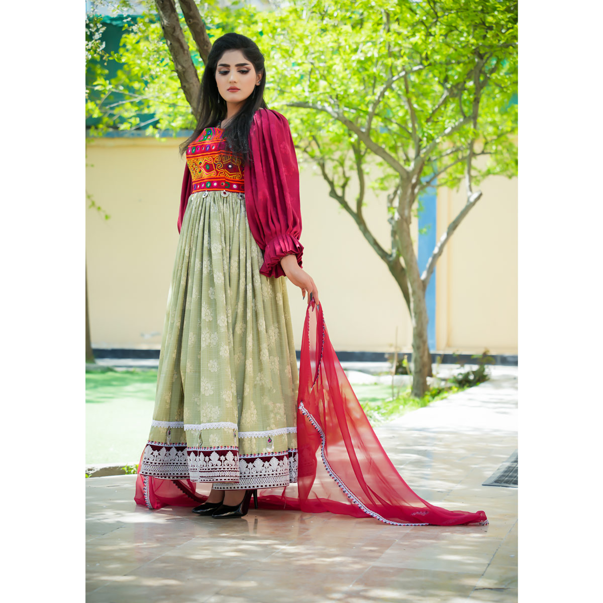 Olive Green Pleated Long Embroidered Afghani Dress | Velvet Floral Stitched Cuff Sleeves Party Wear Frock