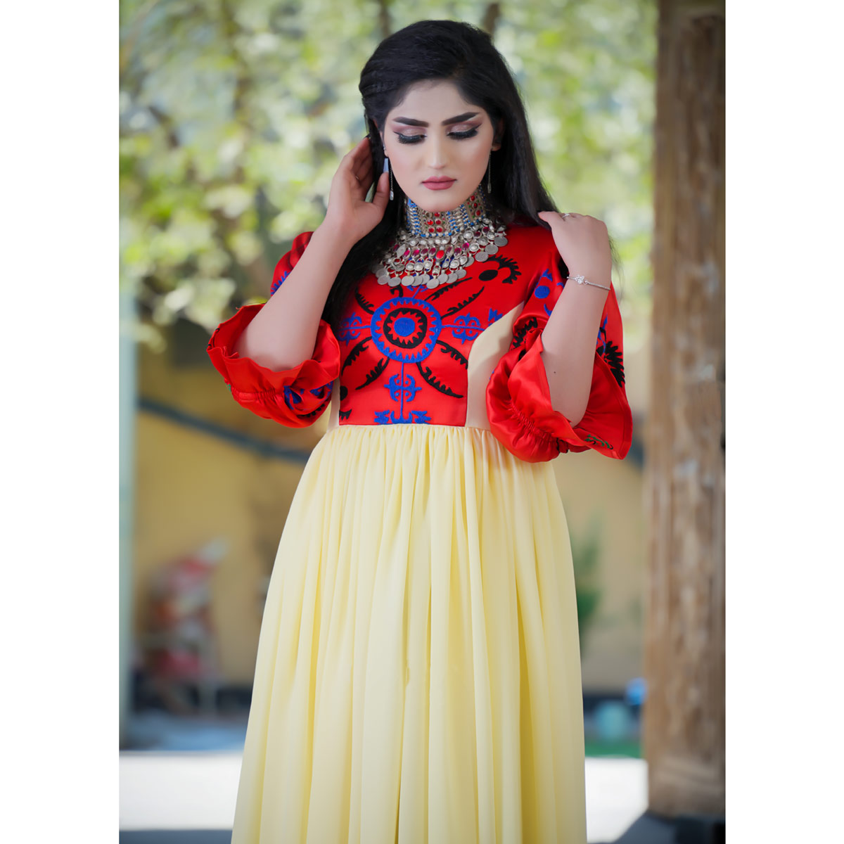Cream Cross-Stitch Embroidered Long Afghani Dress | Georgette Casual Wear Long Frock