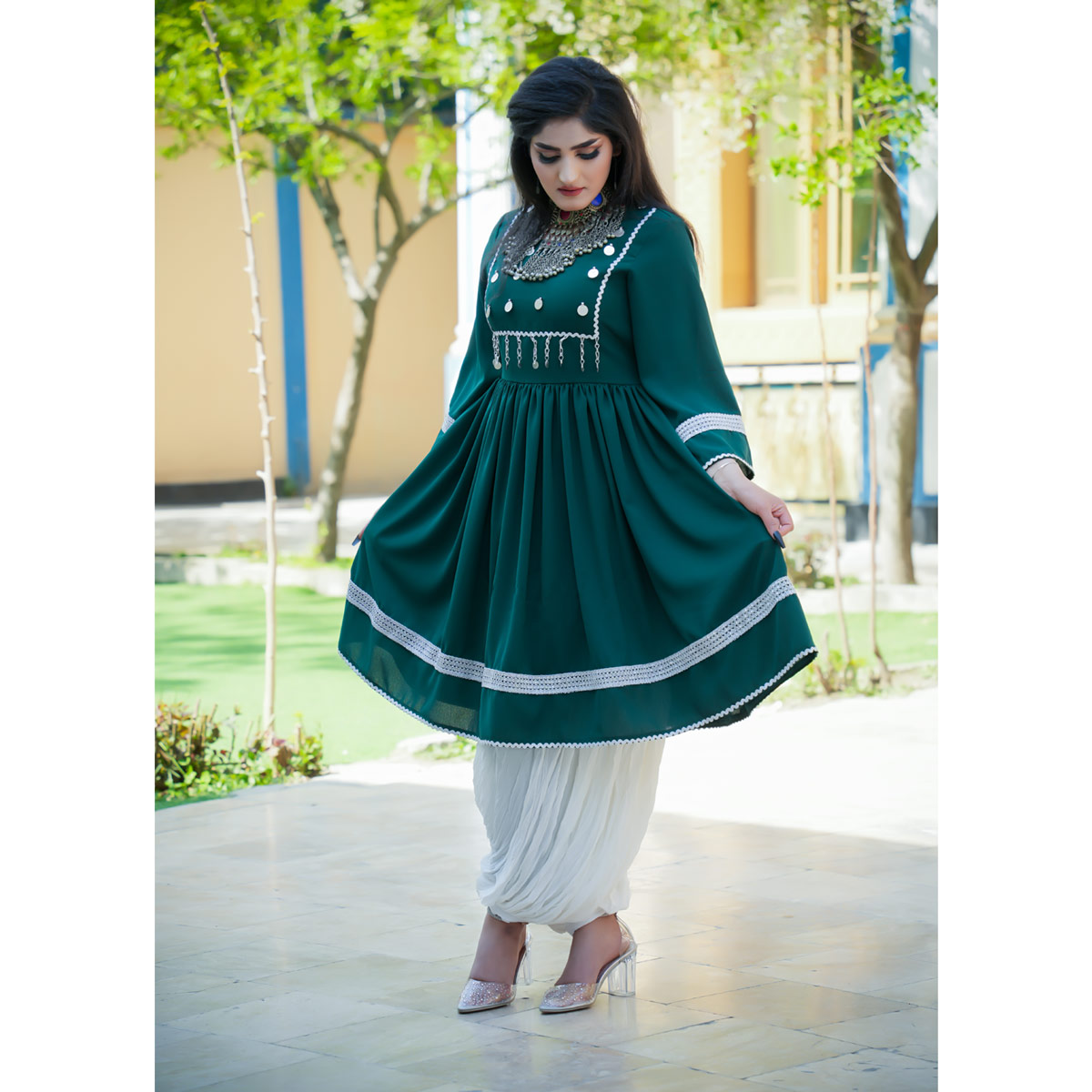 Green Coin Embroidered Short Afghani Cultural Dress | Crepe Party Wear Short Pleated Frock
