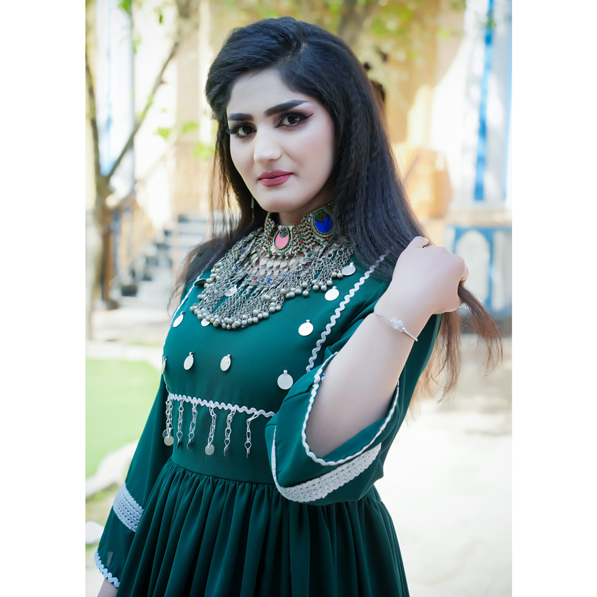 Green Coin Embroidered Short Afghani Cultural Dress | Crepe Party Wear Short Pleated Frock