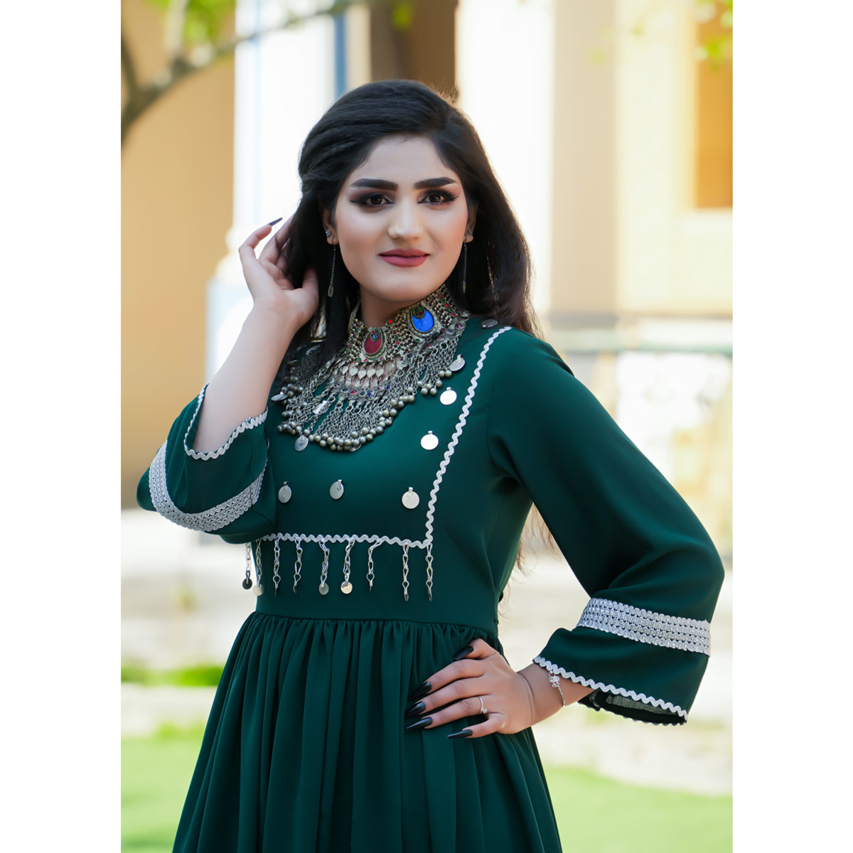 Green Coin Embroidered Short Afghani Cultural Dress | Crepe Party Wear Short Pleated Frock