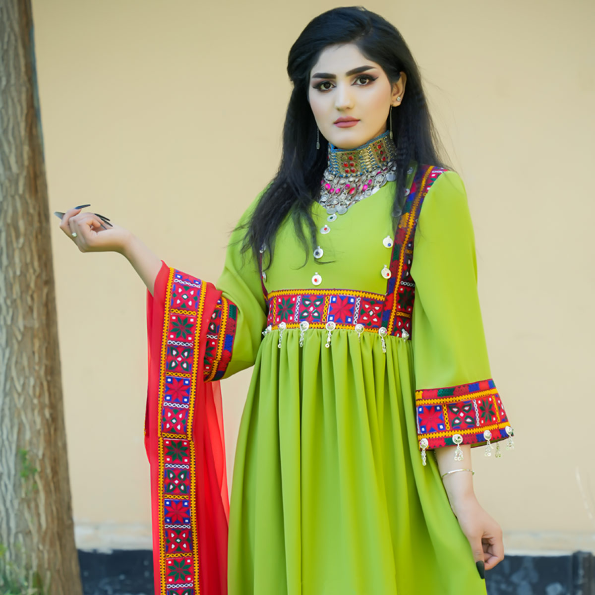 Pistachio Cross-Stitch Short Party Dress | 3-Piece Pleated Afghani Frock