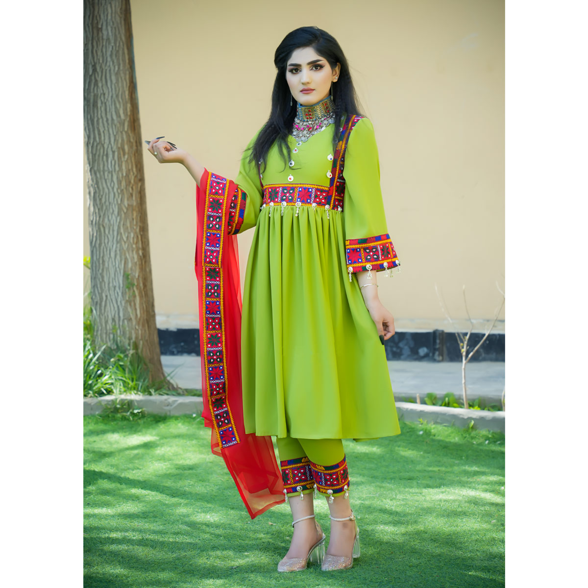 Pistachio Cross-Stitch Short Party Dress | 3-Piece Pleated Afghani Frock
