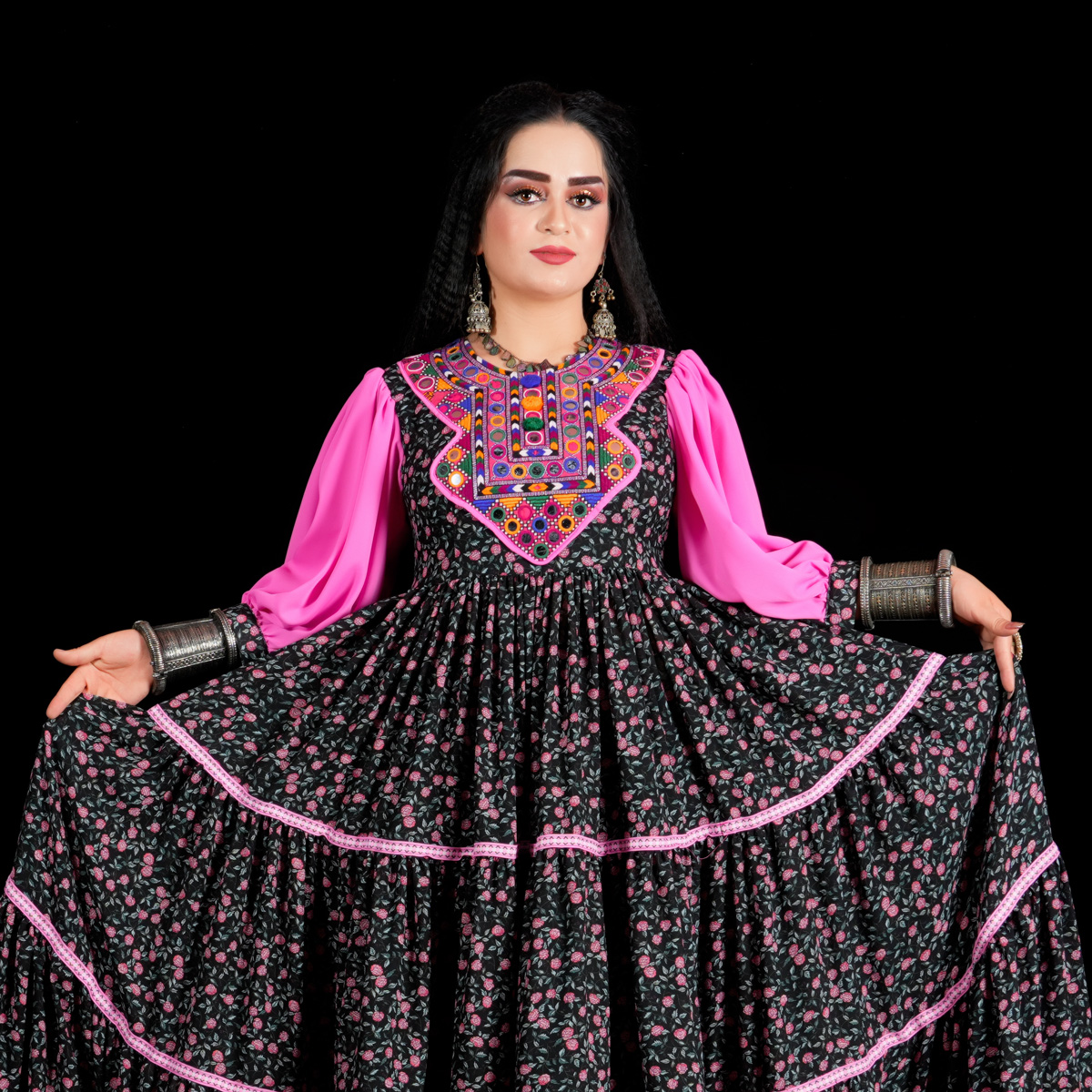Floral Printed Drop Waist Maxi | Pink Cuff Sleeves Party Wear Frock