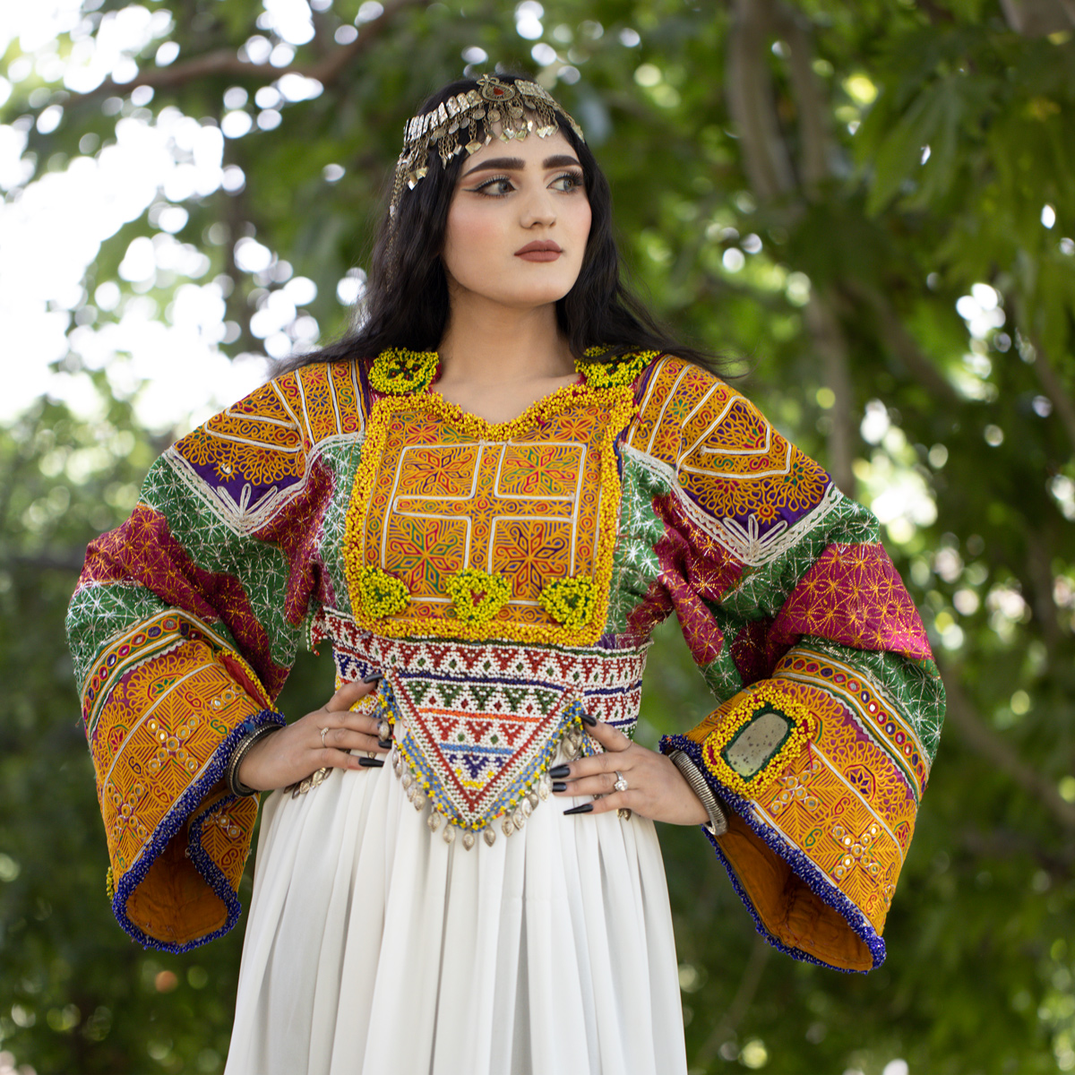 Hand Embroidered Pleated Frock | White Balloon Sleeves Afghan Tradtional Handmade