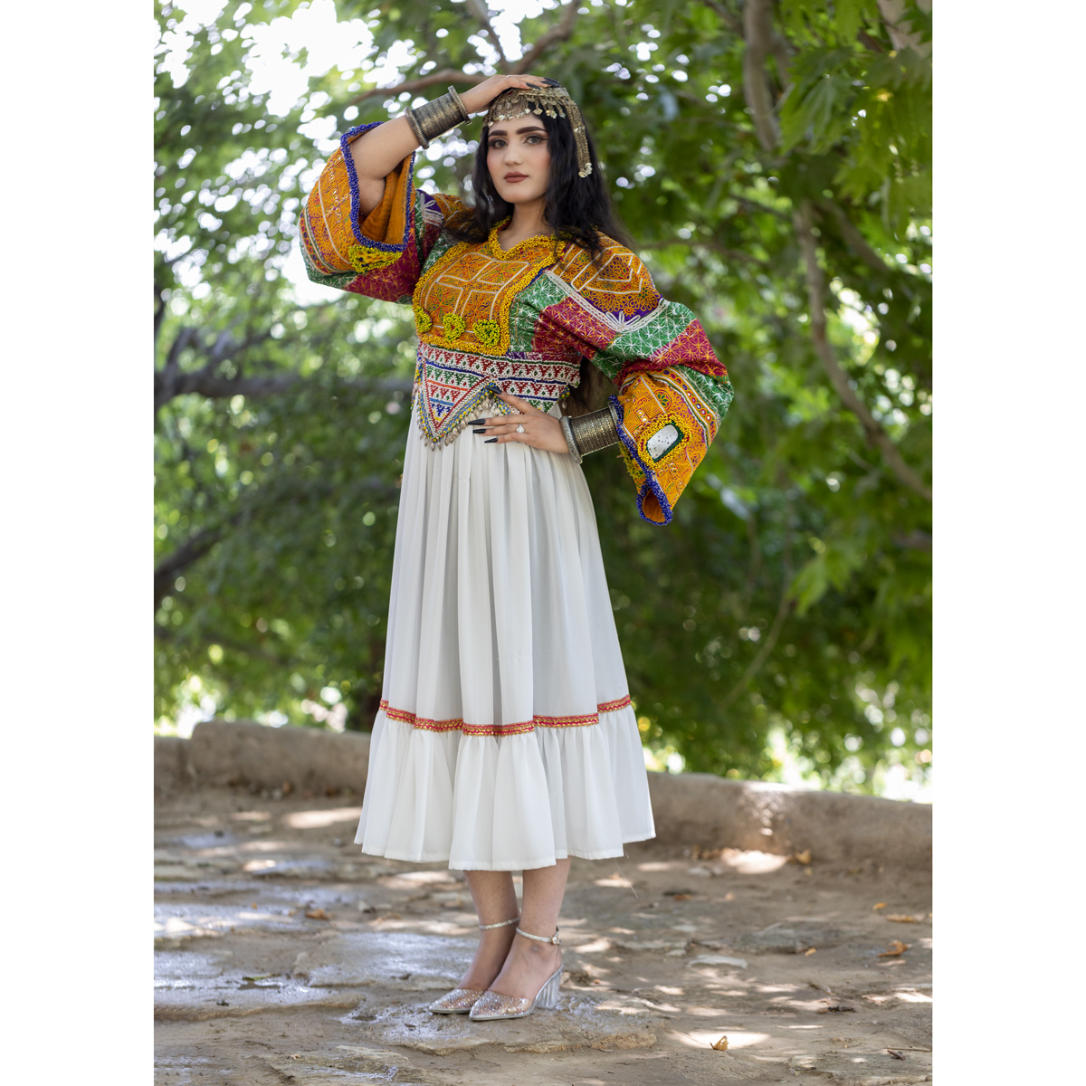 Hand Embroidered Pleated Frock | White Balloon Sleeves Afghan Tradtional Handmade