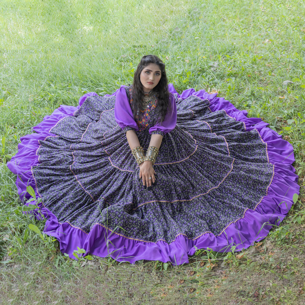 Georgette Prarie Skirt Long Frock | Purple Cuff Sleeves Maxi