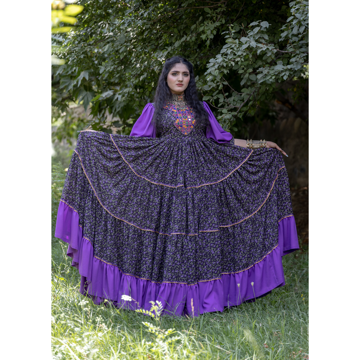 Georgette Prarie Skirt Long Frock | Purple Cuff Sleeves Maxi