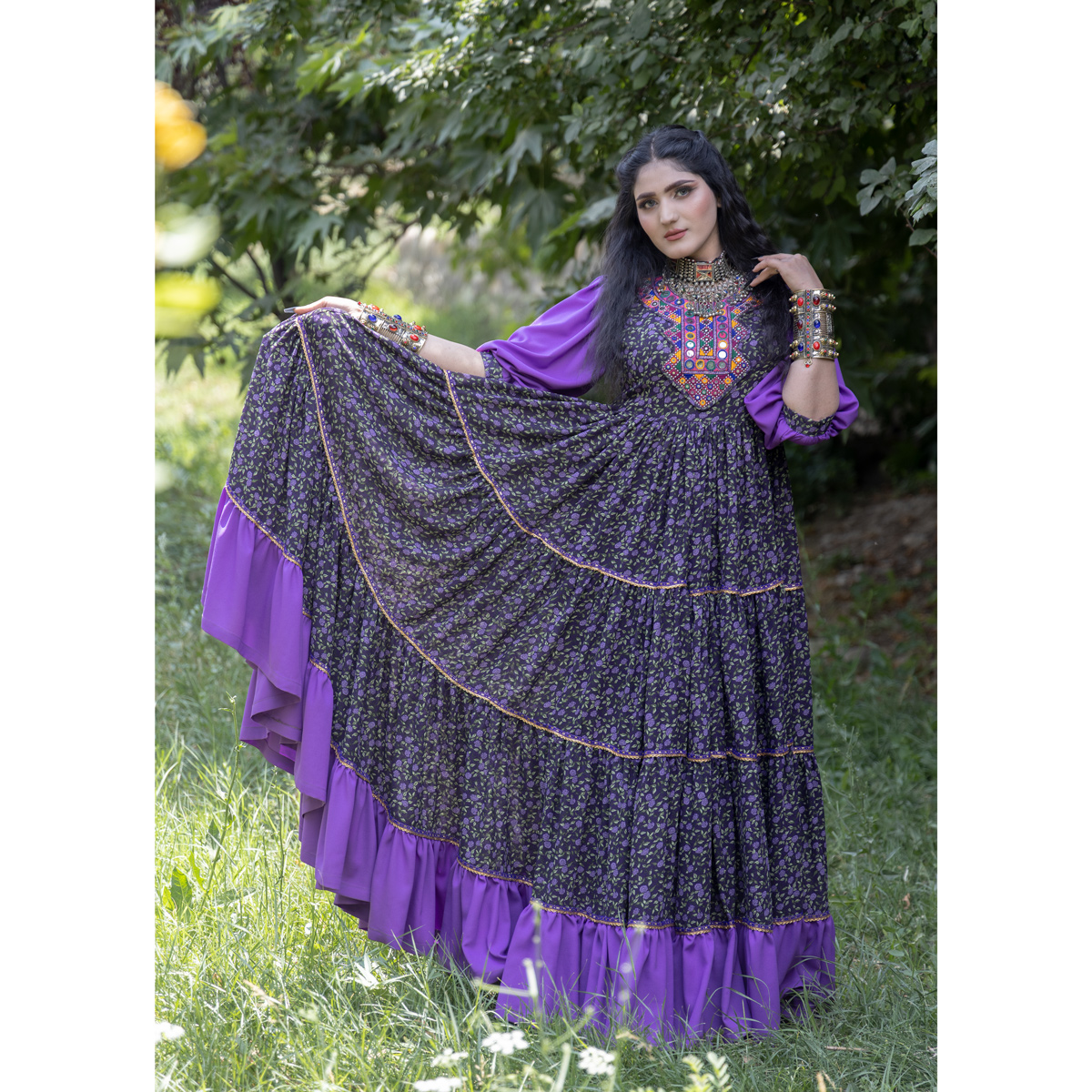 Georgette Prarie Skirt Long Frock | Purple Cuff Sleeves Maxi