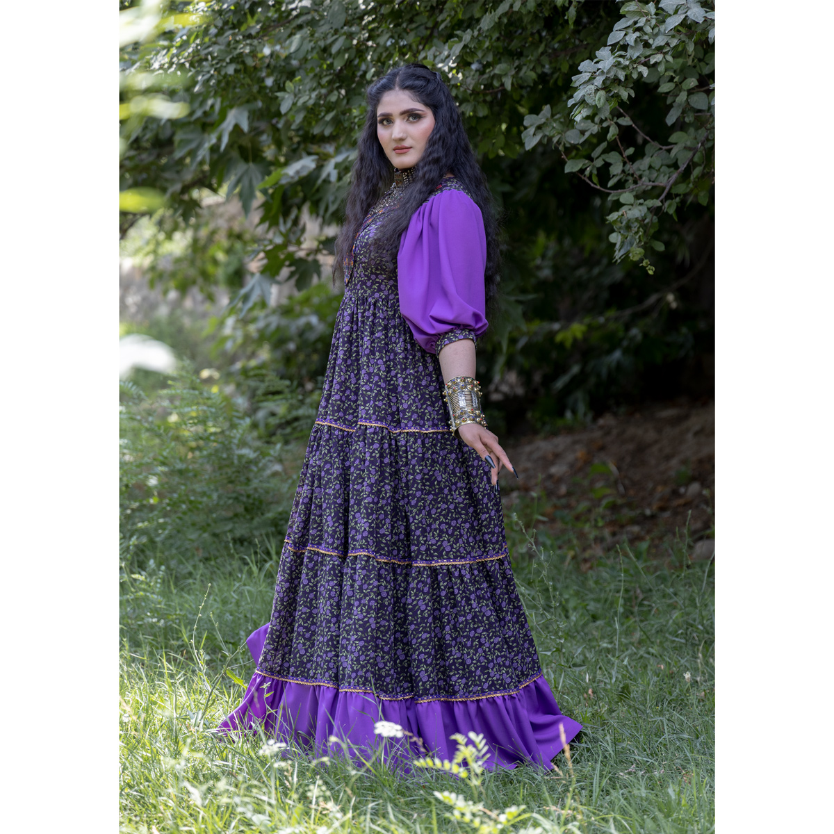 Georgette Prarie Skirt Long Frock | Purple Cuff Sleeves Maxi