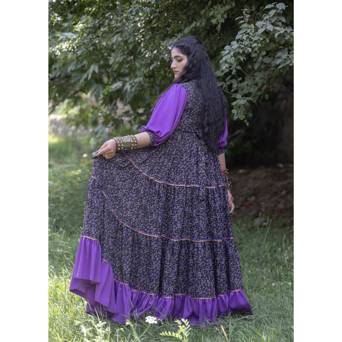 Georgette Prarie Skirt Long Frock | Purple Cuff Sleeves Maxi