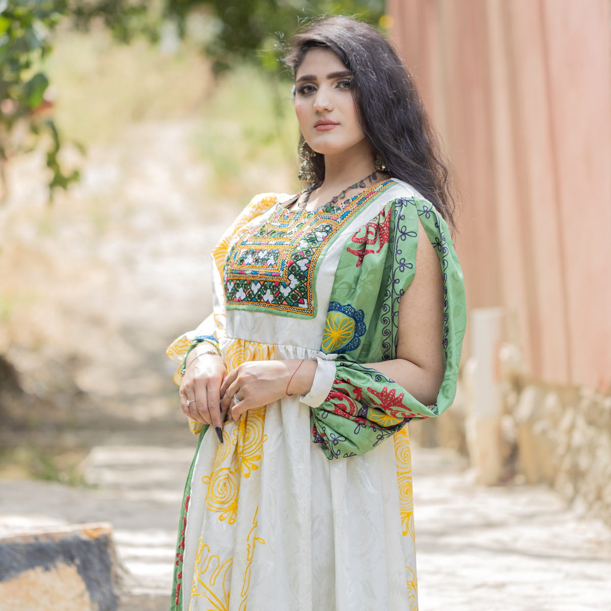 Shaal Bead Embroidered Dress | Cuff Sleeves Pleated Casual Wear Dress
