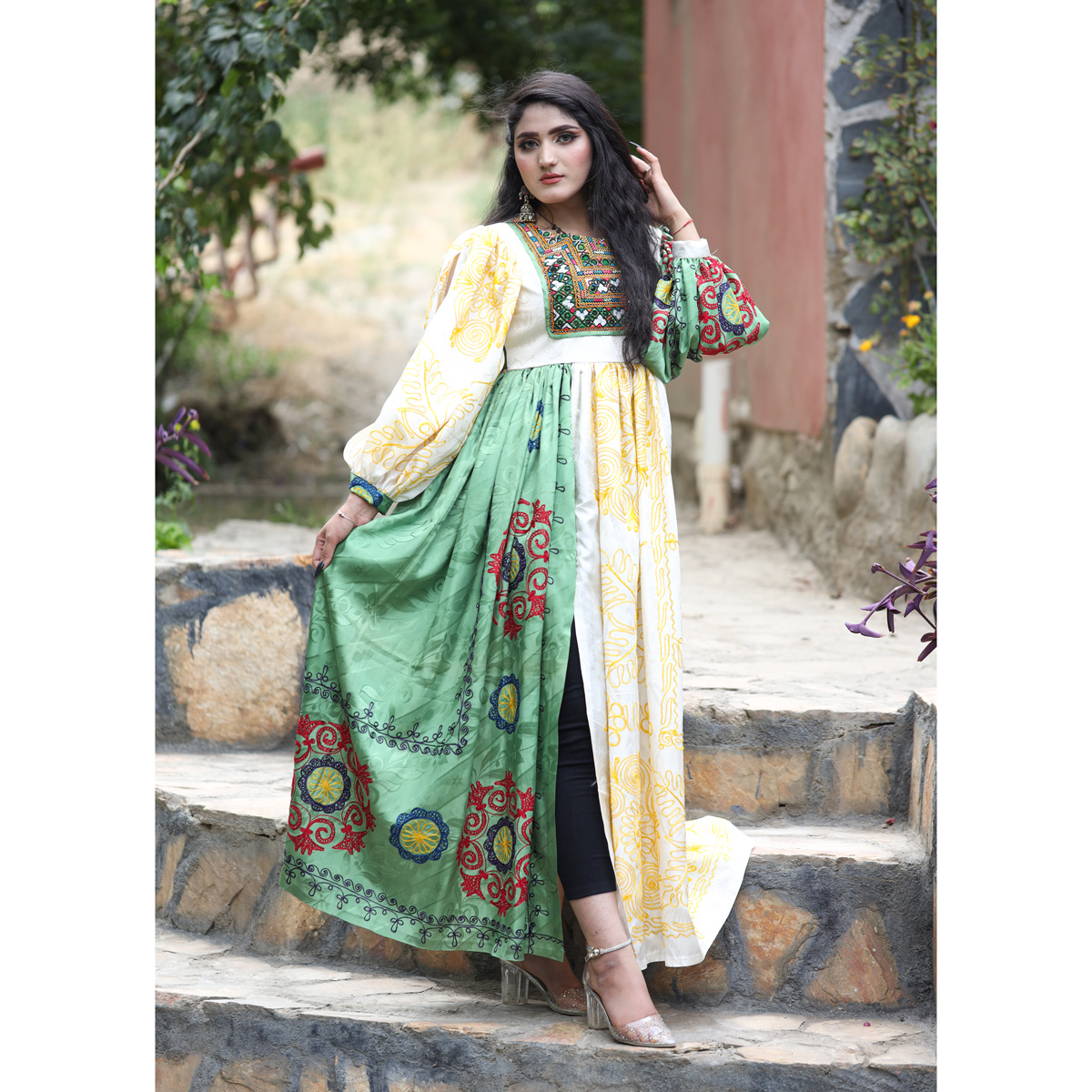 Shaal Bead Embroidered Dress | Cuff Sleeves Pleated Casual Wear Dress