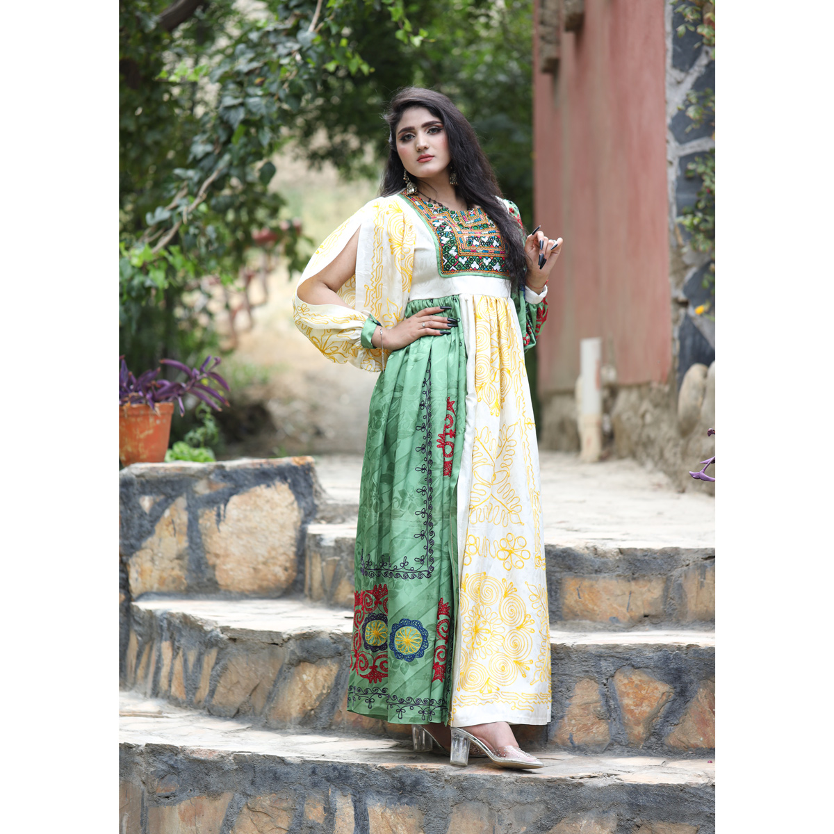 Shaal Bead Embroidered Dress | Cuff Sleeves Pleated Casual Wear Dress