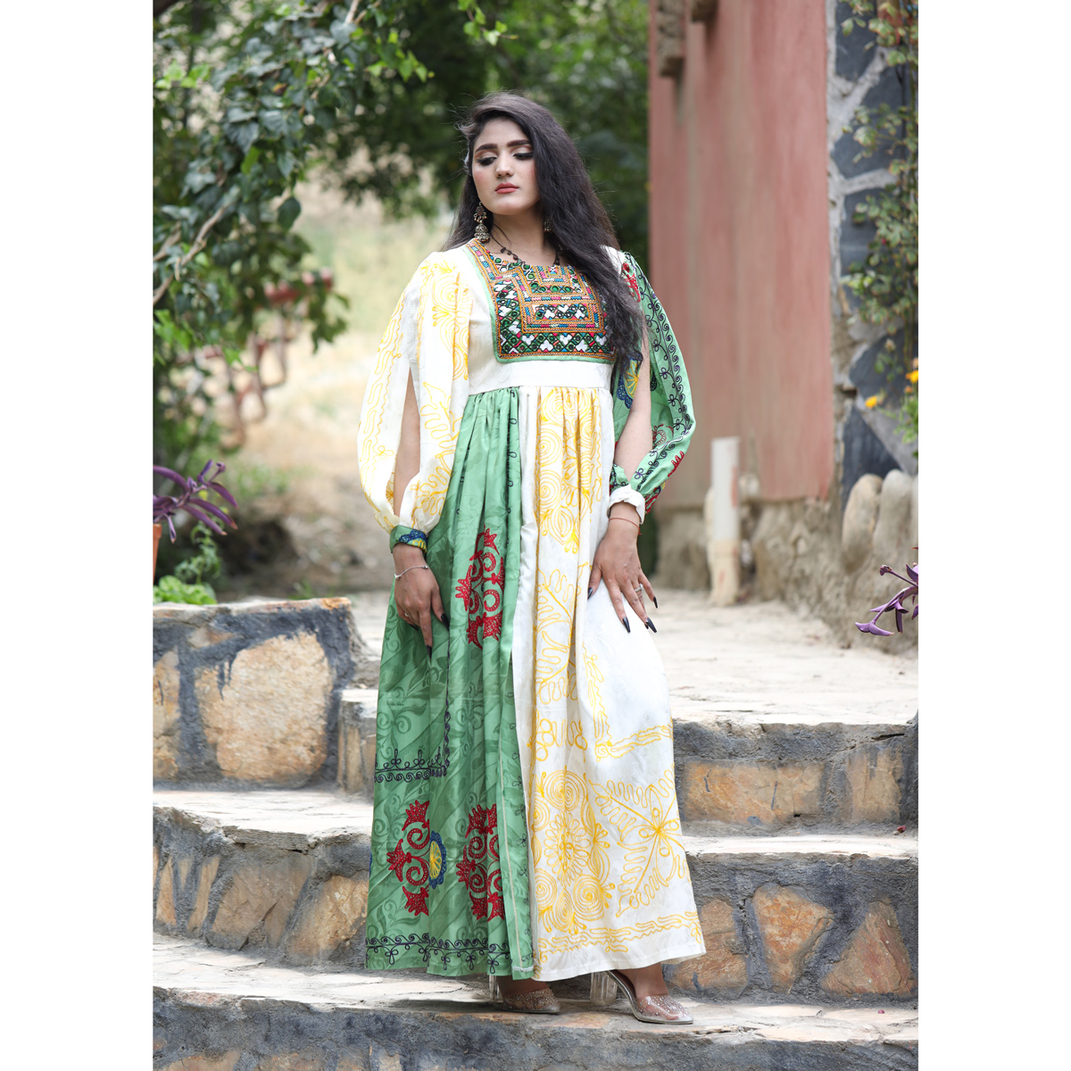Shaal Bead Embroidered Dress | Cuff Sleeves Pleated Casual Wear Dress