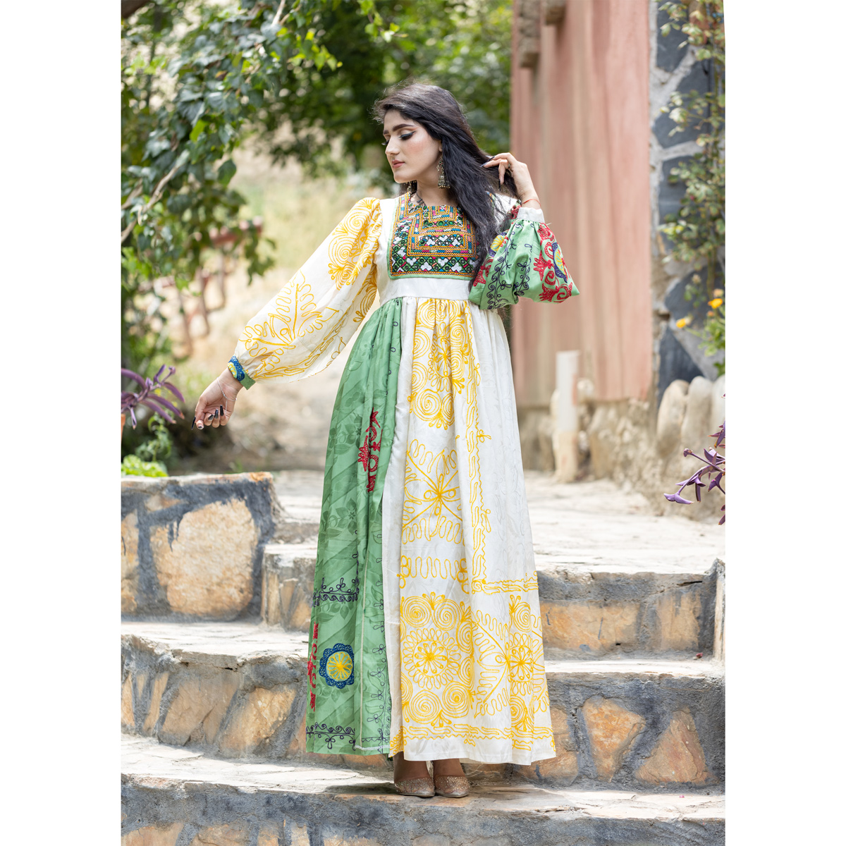 Shaal Bead Embroidered Dress | Cuff Sleeves Pleated Casual Wear Dress