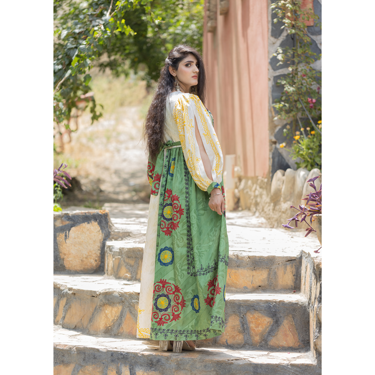 Shaal Bead Embroidered Dress | Cuff Sleeves Pleated Casual Wear Dress