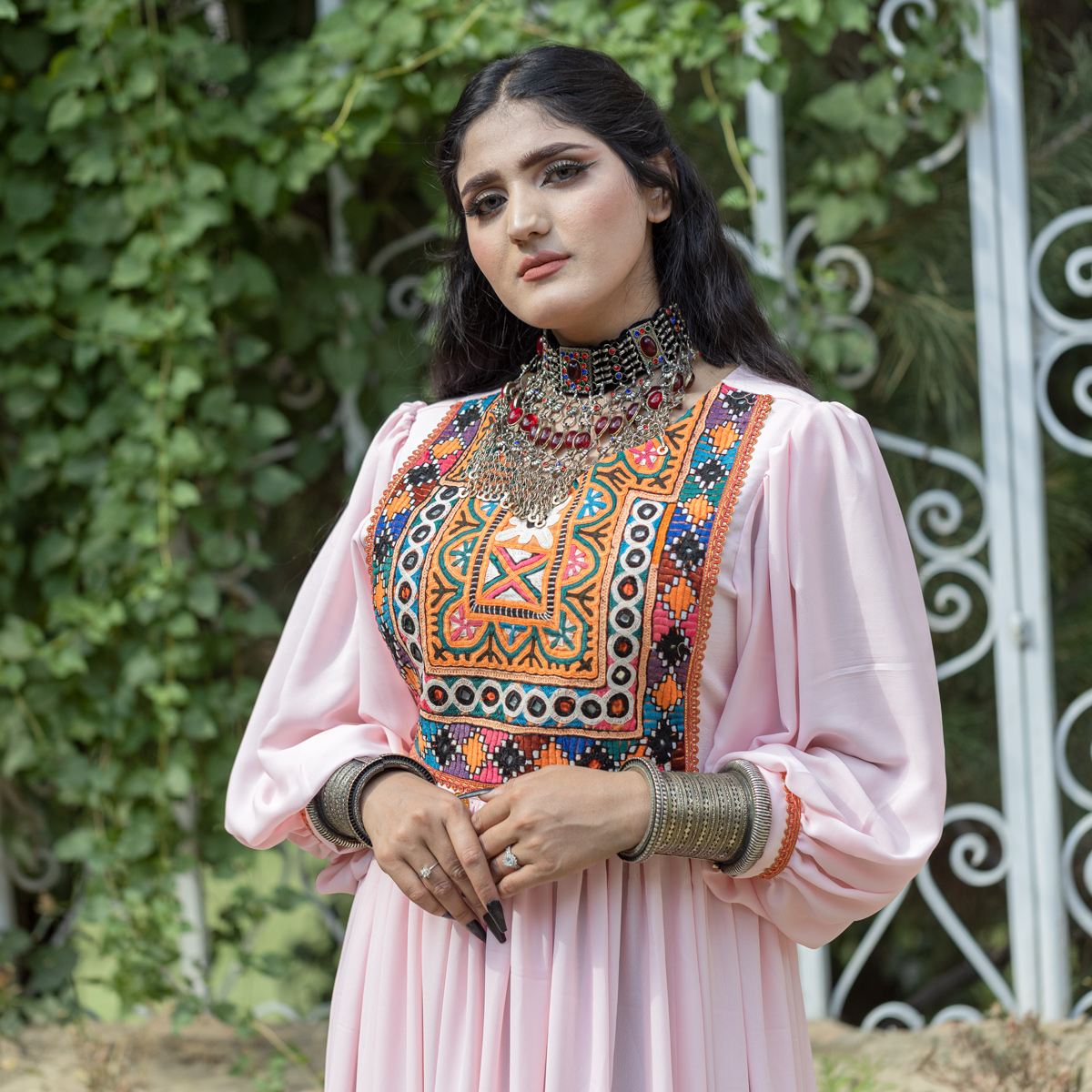 Georgette Cross-Stitch Mirror Embroidered Long Dress | Pink Cuff Sleeves Pleated Dress
