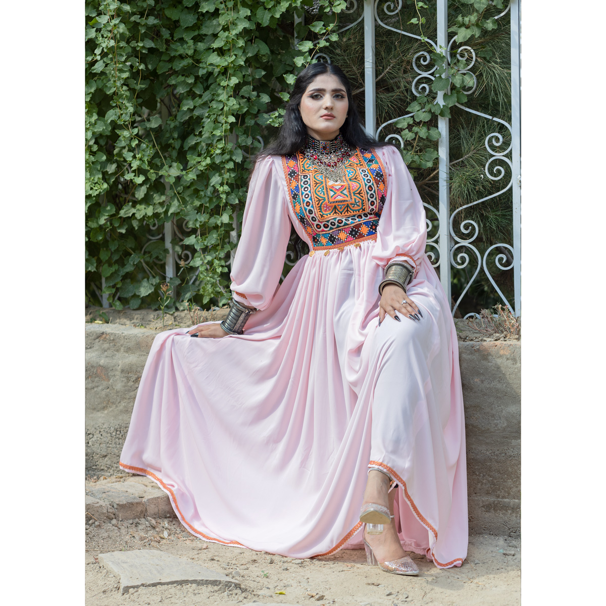 Georgette Cross-Stitch Mirror Embroidered Long Dress | Pink Cuff Sleeves Pleated Dress