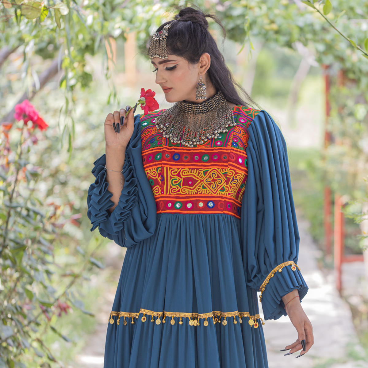 Embroidered Prarie Skirt Maxi | Navy Blue Cuff Sleeves Bridal Afghan dress  | Aseel