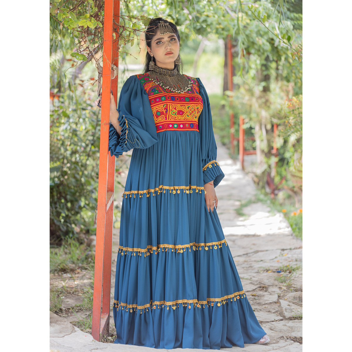 Embroidered Prarie Skirt Maxi | Navy Blue Cuff Sleeves Bridal Afghan dress
