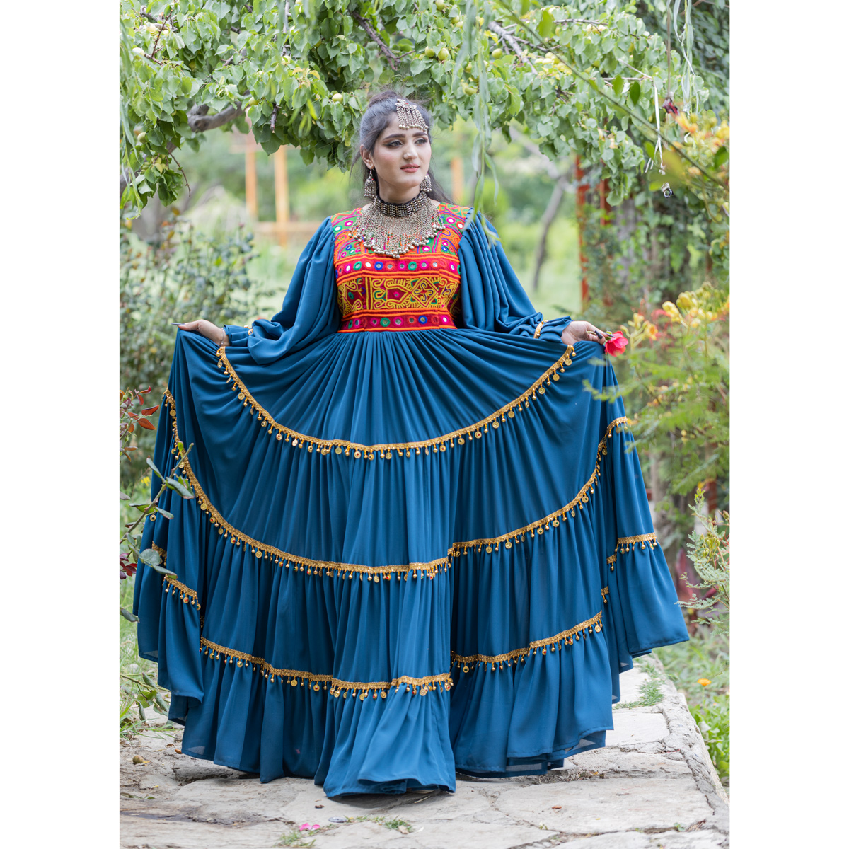 Embroidered Prarie Skirt Maxi | Navy Blue Cuff Sleeves Bridal Afghan dress