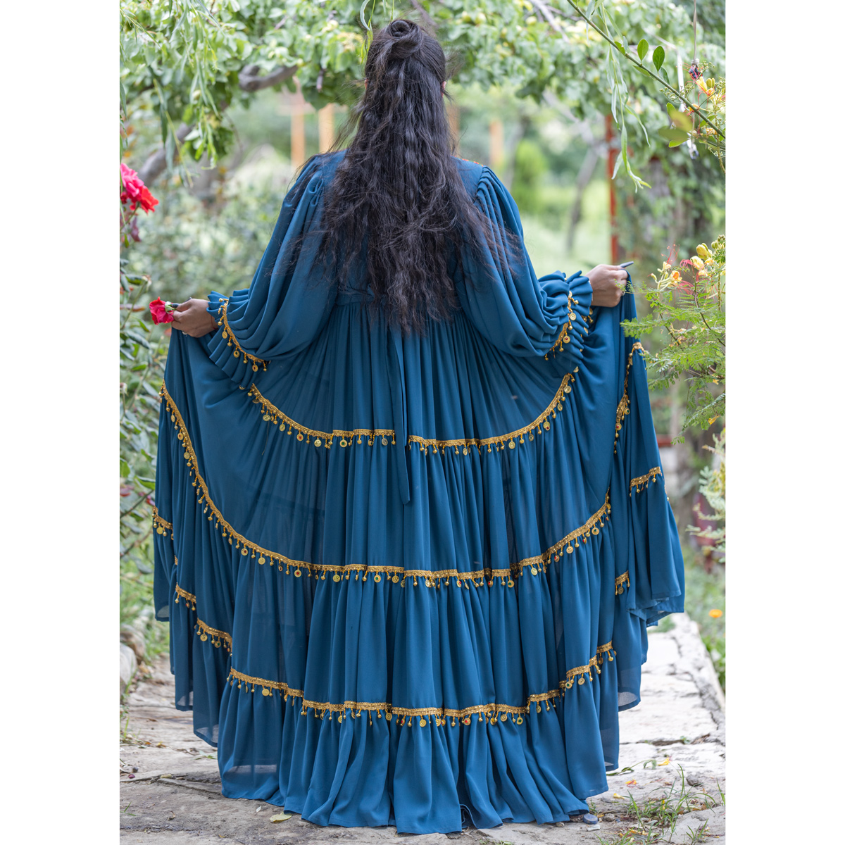 Embroidered Prarie Skirt Maxi | Navy Blue Cuff Sleeves Bridal Afghan dress