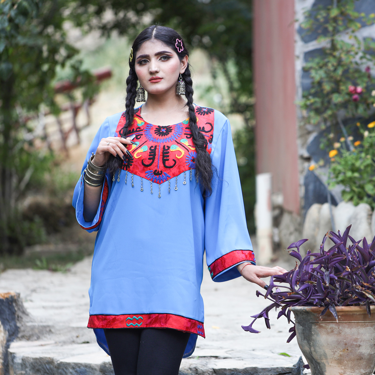Georgette Floral Stitch Plain Shirt | Blue Balloon Sleeves Girl's Top
