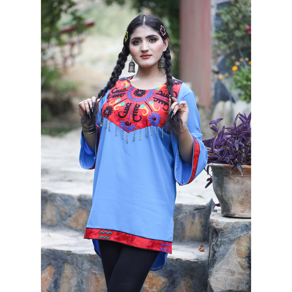 Georgette Floral Stitch Plain Shirt | Blue Balloon Sleeves Girl's Top