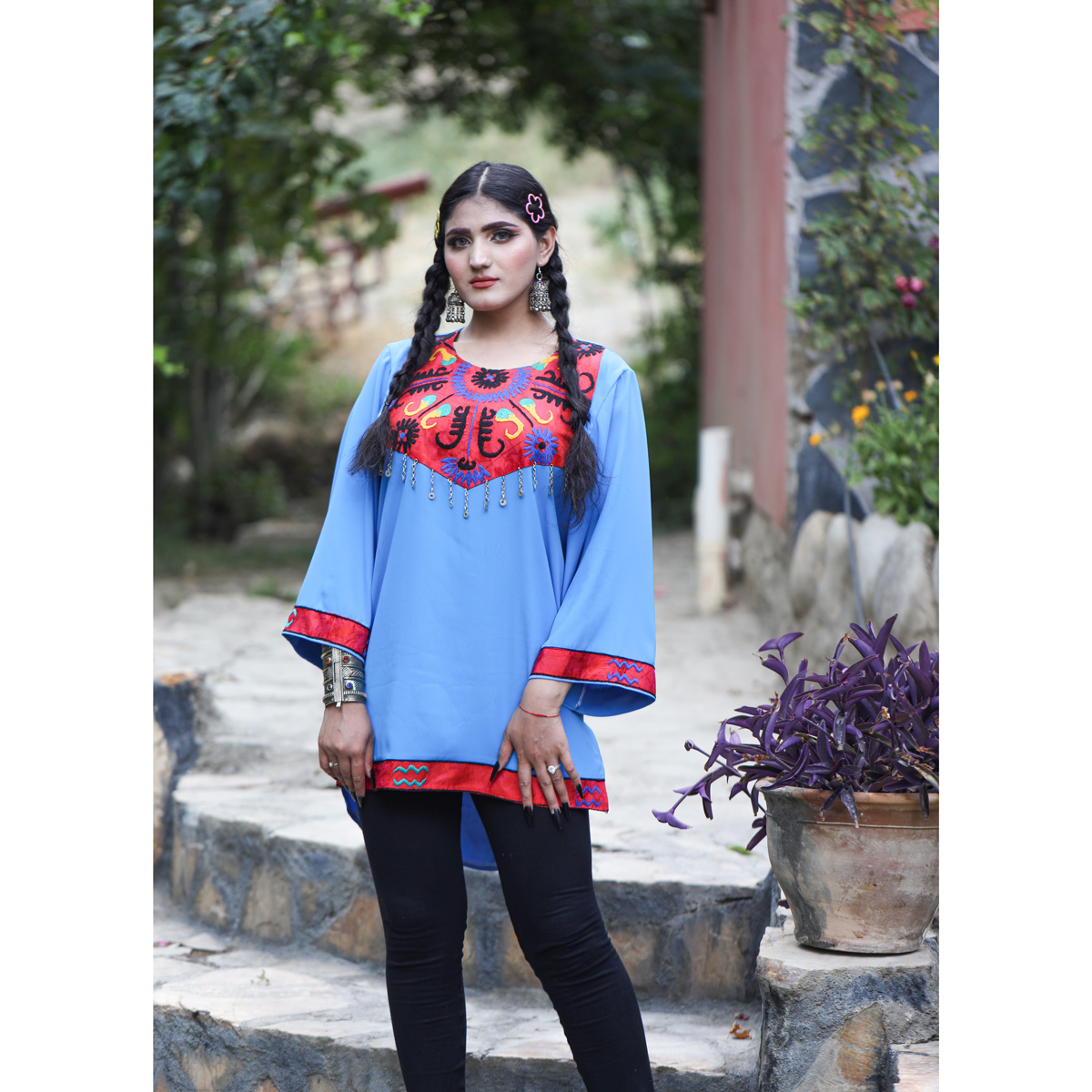 Georgette Floral Stitch Plain Shirt | Blue Balloon Sleeves Girl's Top