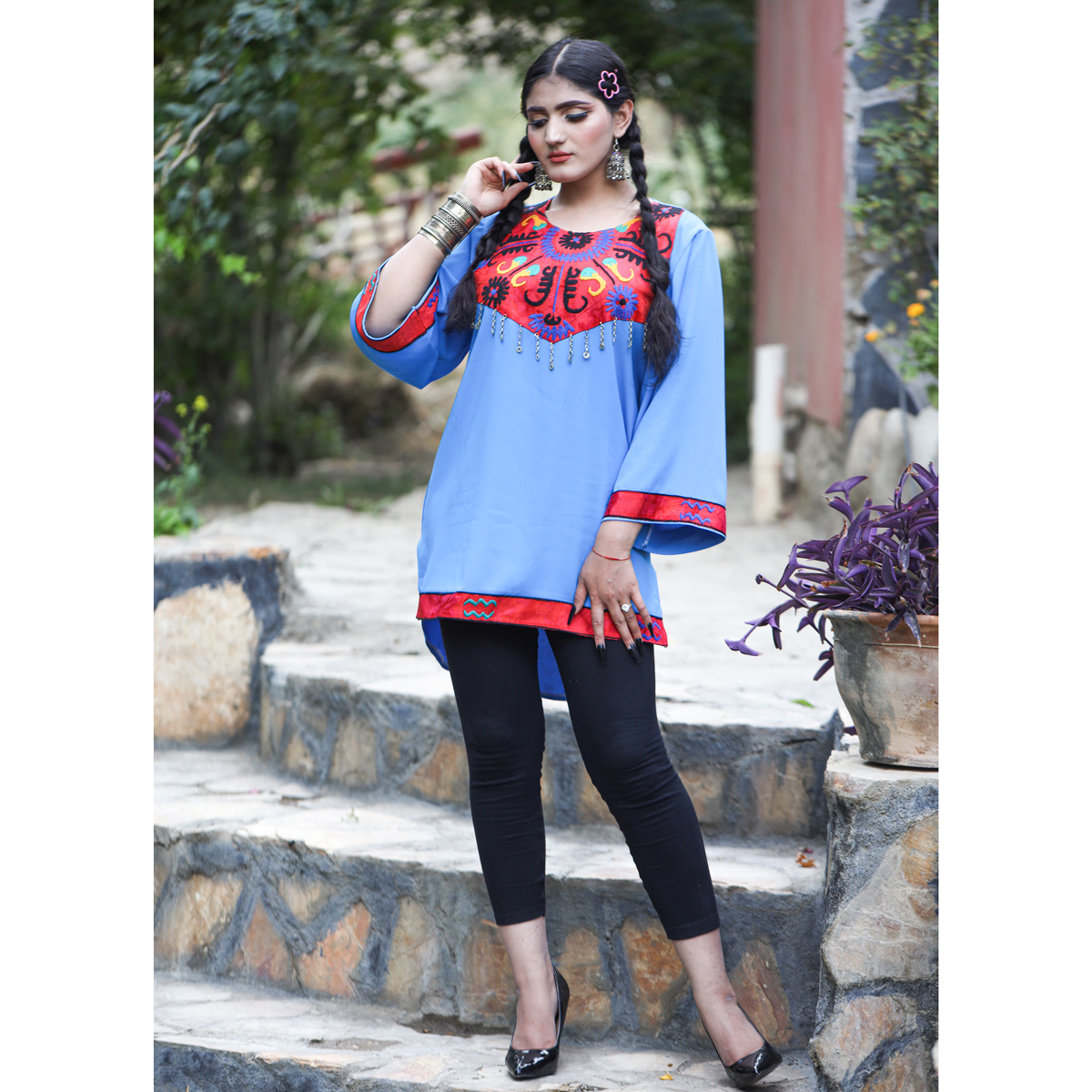 Georgette Floral Stitch Plain Shirt | Blue Balloon Sleeves Girl's Top