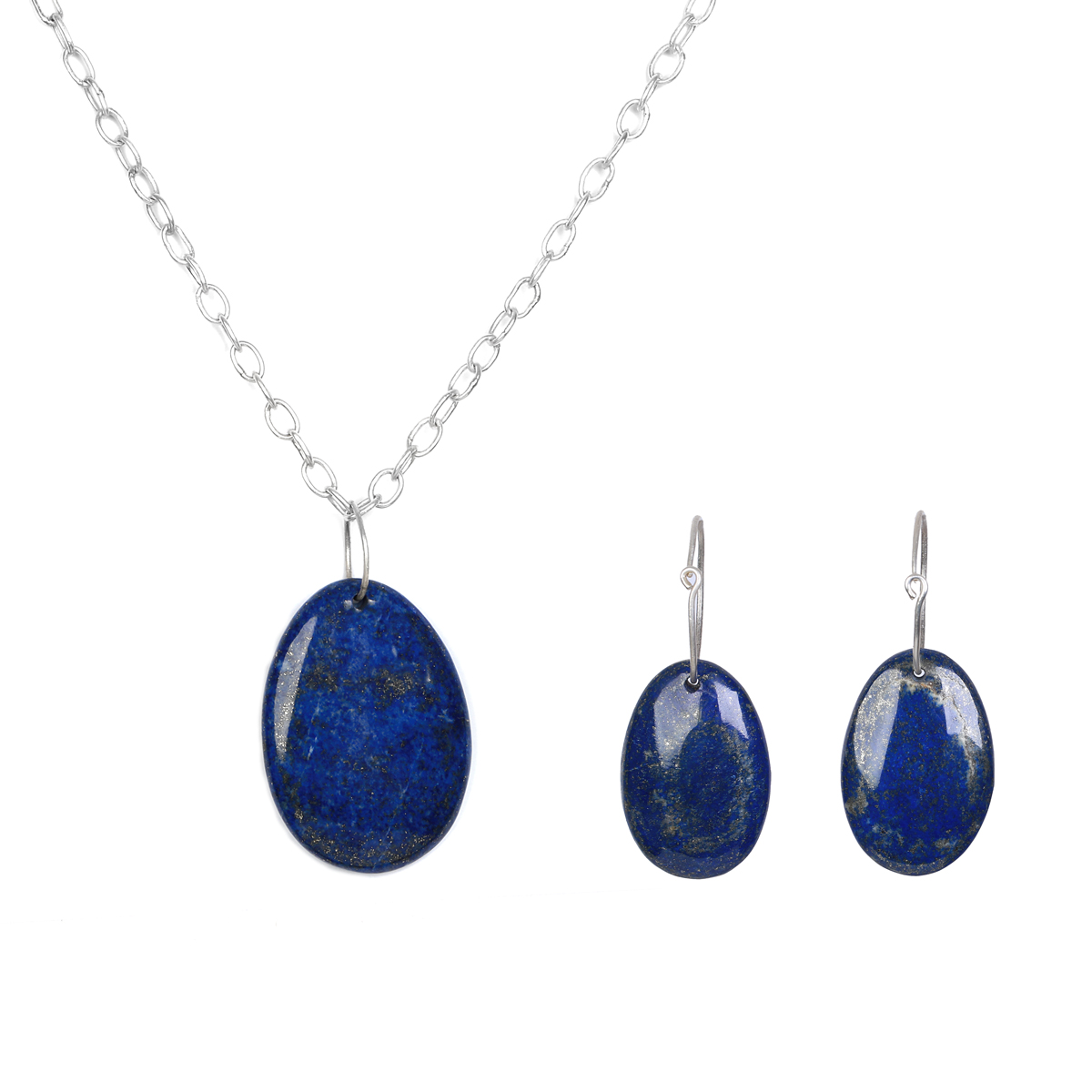 Lapis Lazuli Jewelry Set | Silver Oval Pendant & Earrings