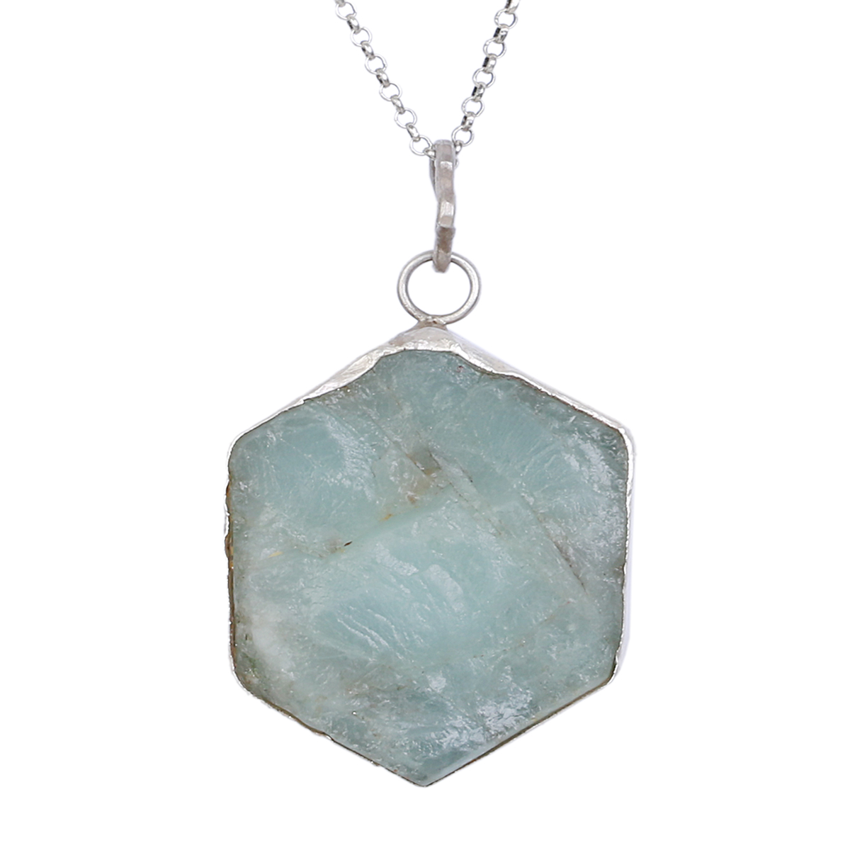 Aquamarine Stone Drop Necklace | Sterling Silver Hexagonal Cut Locket