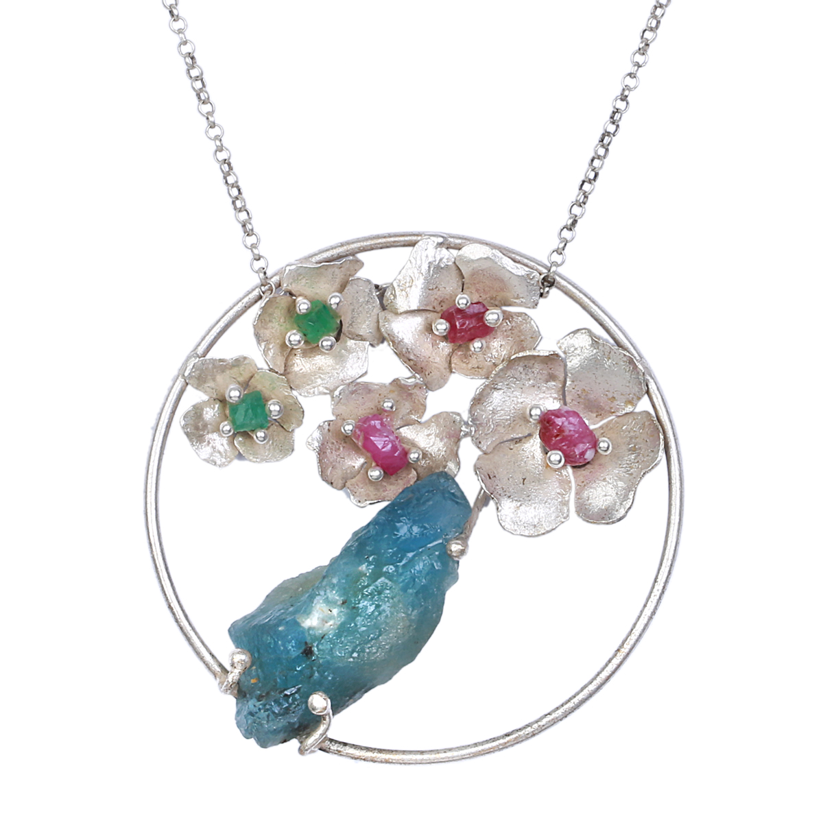 Multi-Stone Floral Design Pendant | Sterling Silver Chain Locket