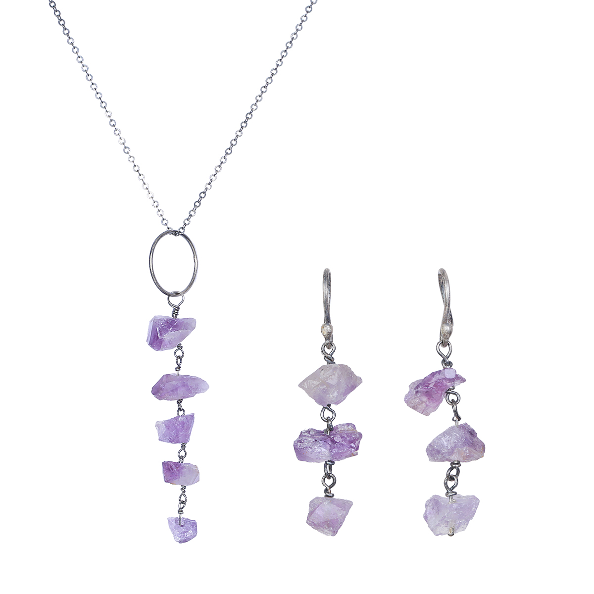 Purple Amethyst Cluster Jewelry Set | Sterling Silver Pendant & Earrings