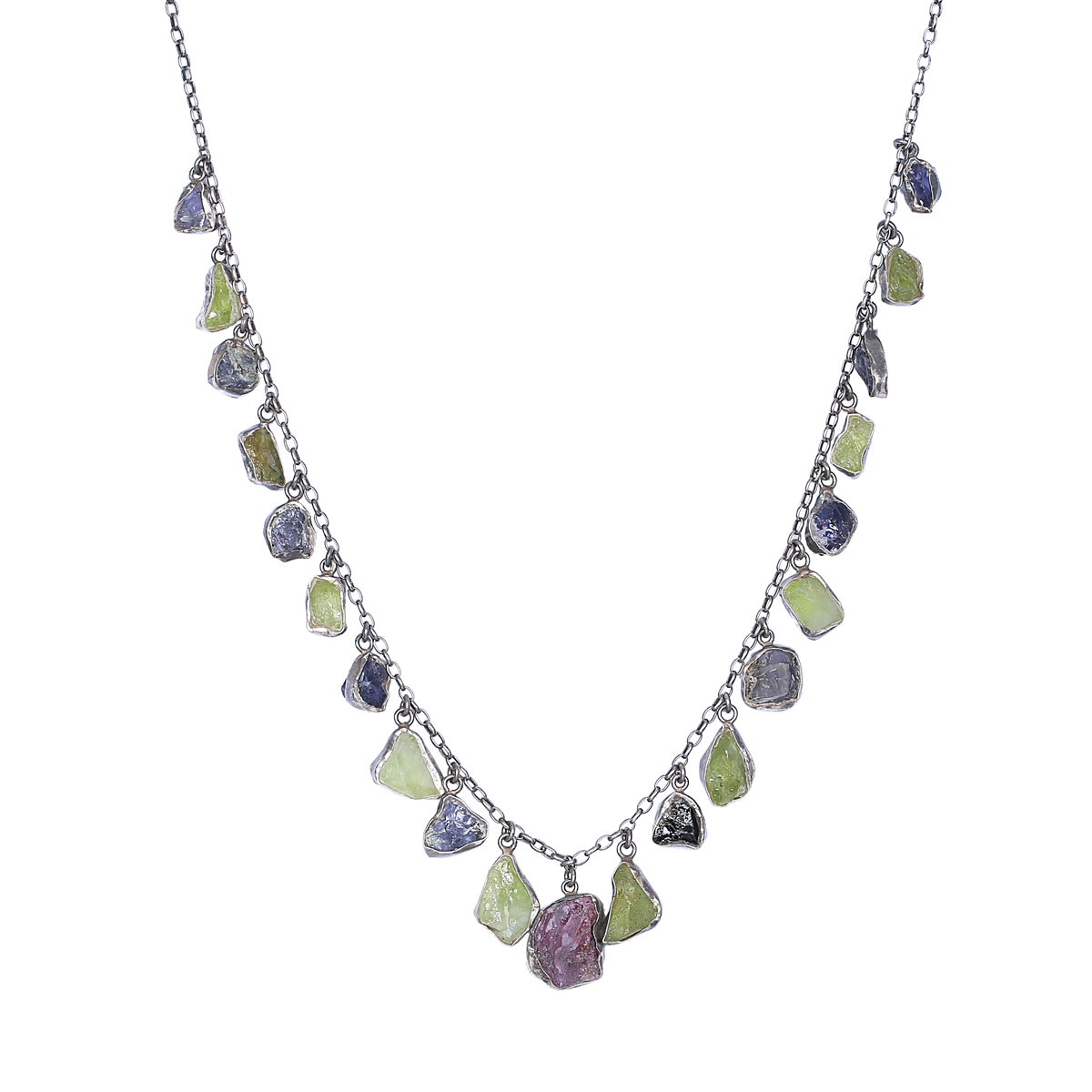Ruby and Jet Rough Stone Jewelry Set | Silver Charm Necklace & Drop Earrings