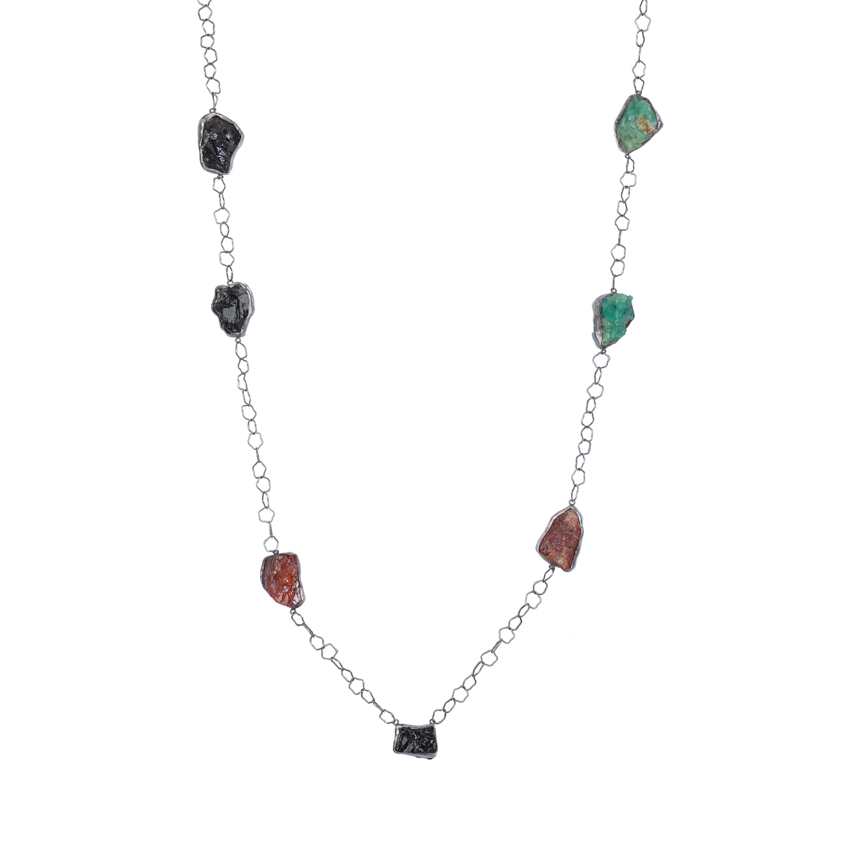 Ruby & Jet Stone Chain Necklace | Sterling Silver Station Necklace