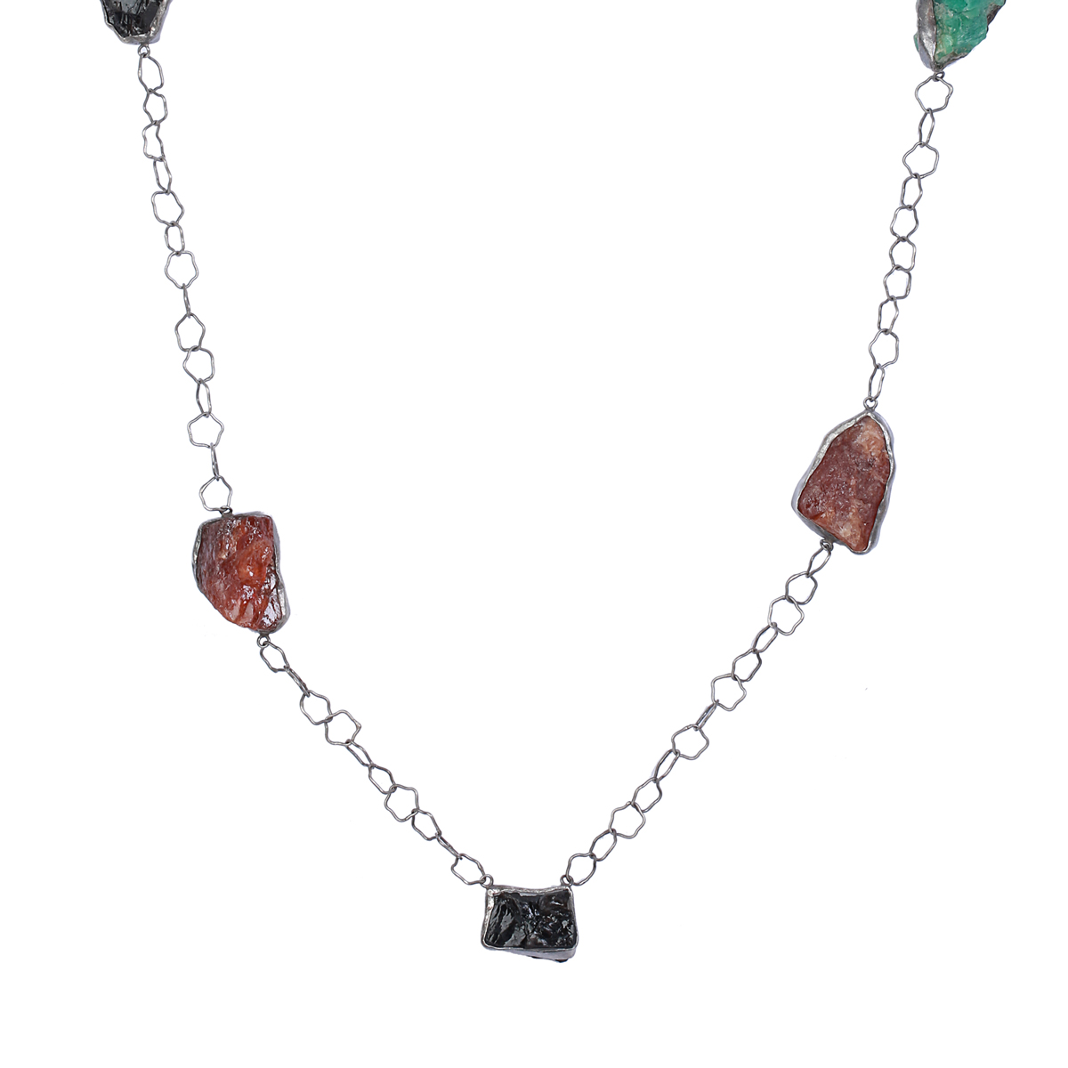 Ruby & Jet Stone Chain Necklace | Sterling Silver Station Necklace