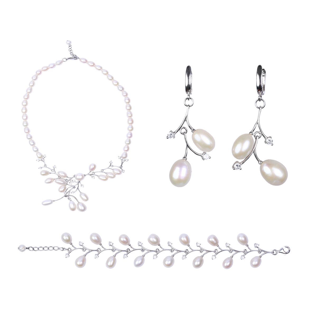 White Pearls Jewelry Set | Silver Floral Necklace, Earrings & Bracelet