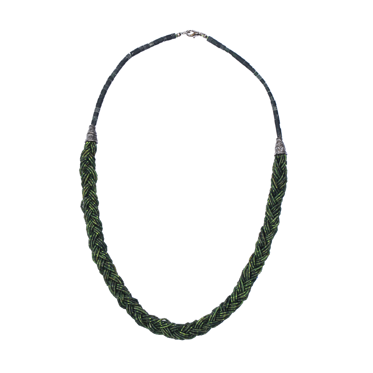 Green Jet Braided Jewelry Set | Silver Necklace, Earrings & Bracelet