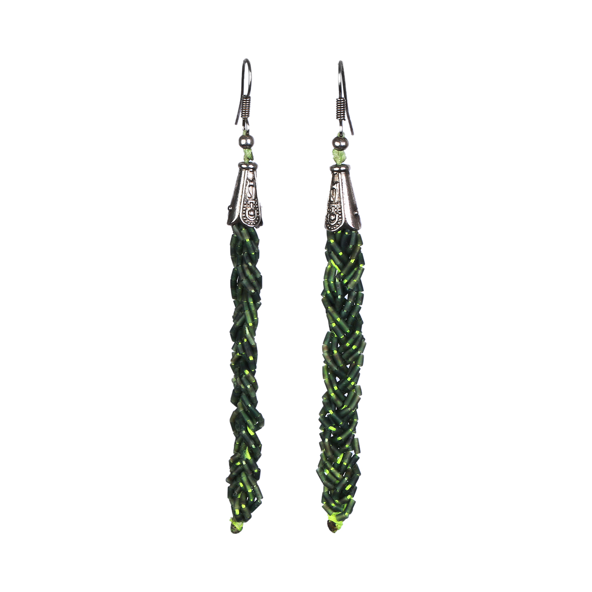 Green Jet Braided Jewelry Set | Silver Necklace, Earrings & Bracelet